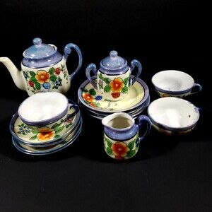 Vintage 1950s Japanese Lusterware Tea Set 17 pieces blue rim orange blue flowers